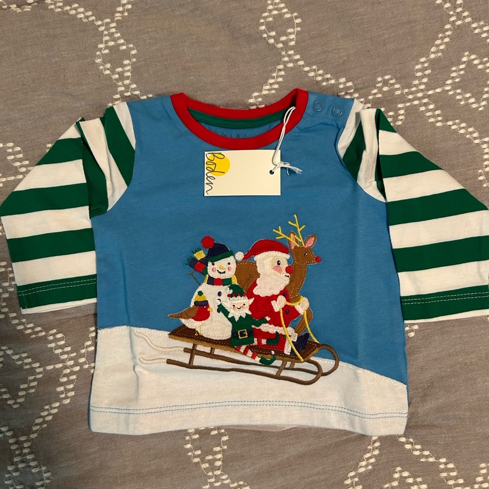 Boden Festive Blue and Green Long Sleeve Tee